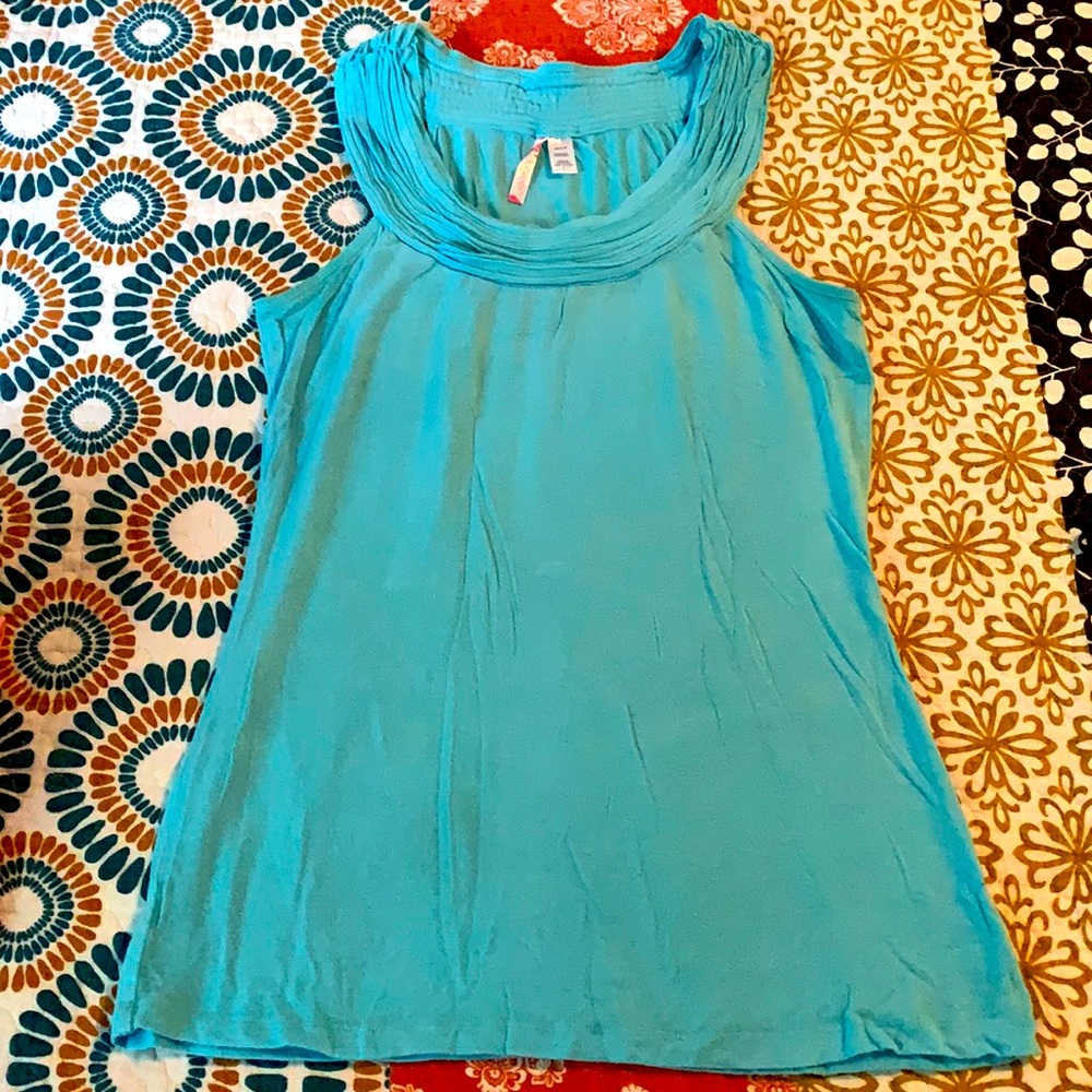 Turquoise tank with rounded ruched neckline